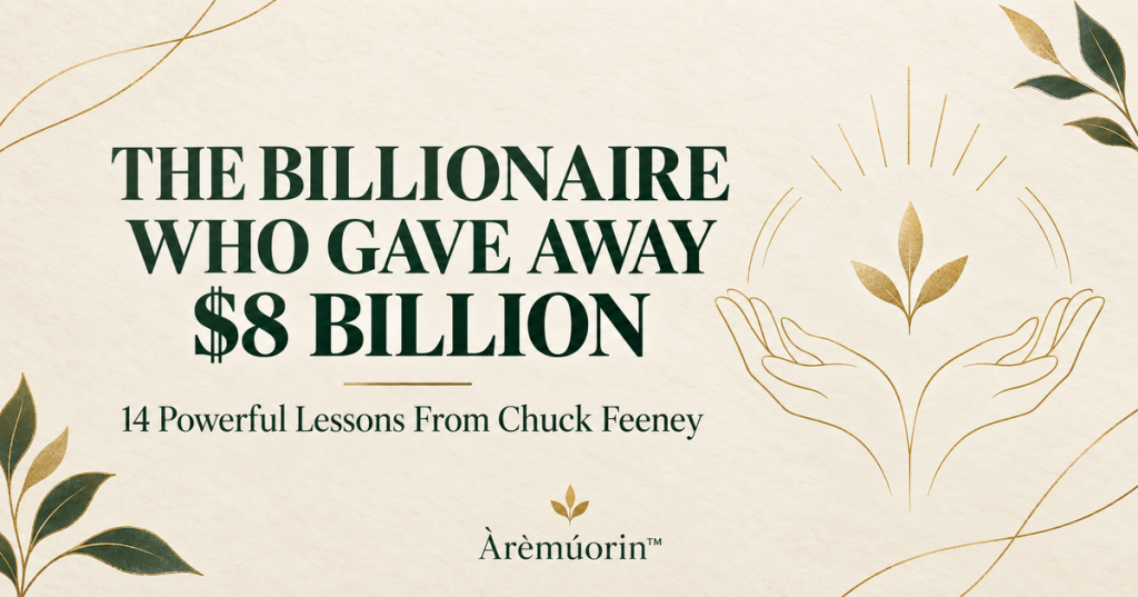 Cream, deep green and gold cover reading The Billionaire Who Gave Away $8 Billion: 14 Powerful Lessons From Chuck Feeney, branded Àrèmúorin.