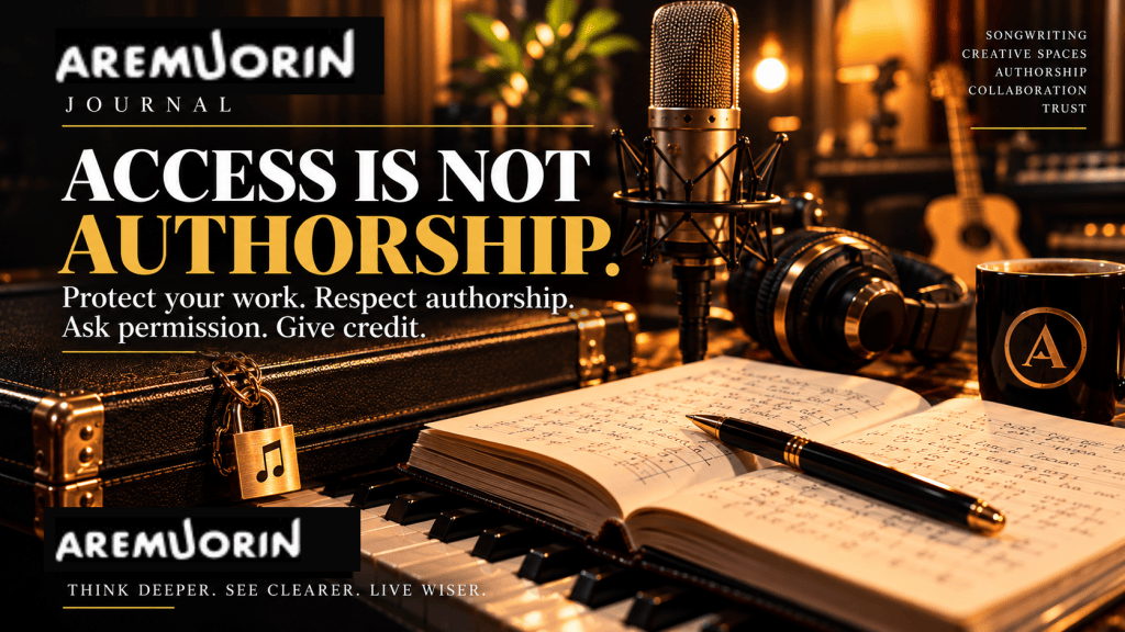 Aremuorin creator rights editorial cover: Access Is Not Authorship, about songwriting, authorship, creative workshops, permission and attribution.