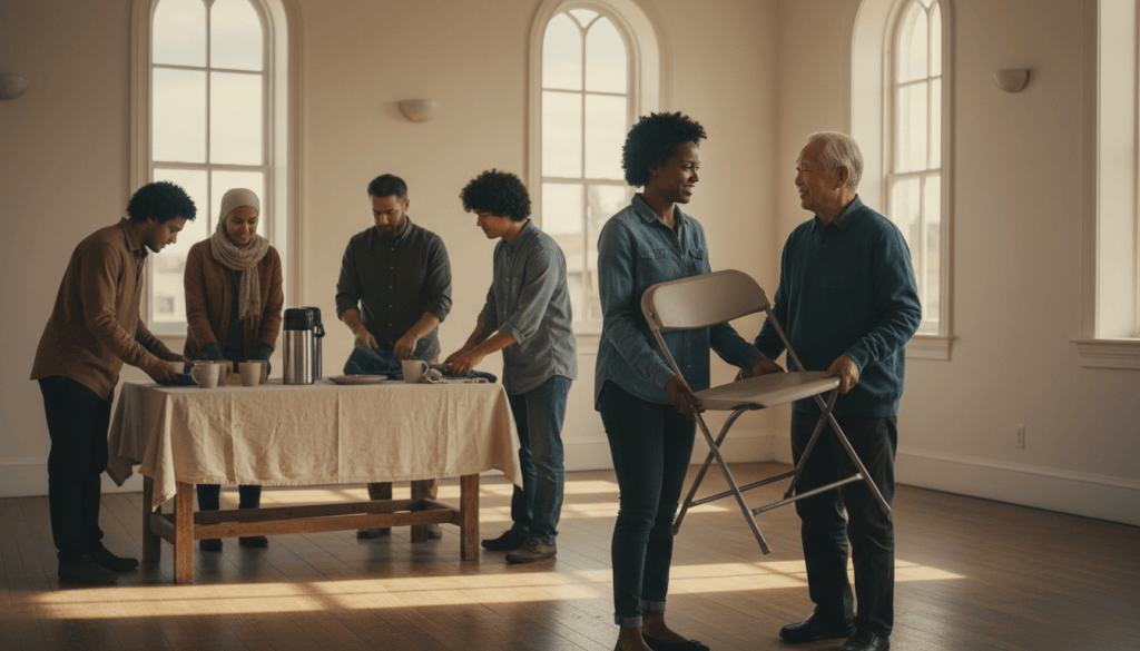 People from different backgrounds working together in a sunlit community hall, illustrating faith expressed through compassion, service and shared humanity.