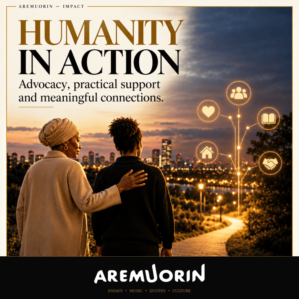 Humanity in Action by Aremuorin: an older Black woman supports a younger person overlooking a glowing pathway and community network, representing advocacy, practical support and meaningful connections.