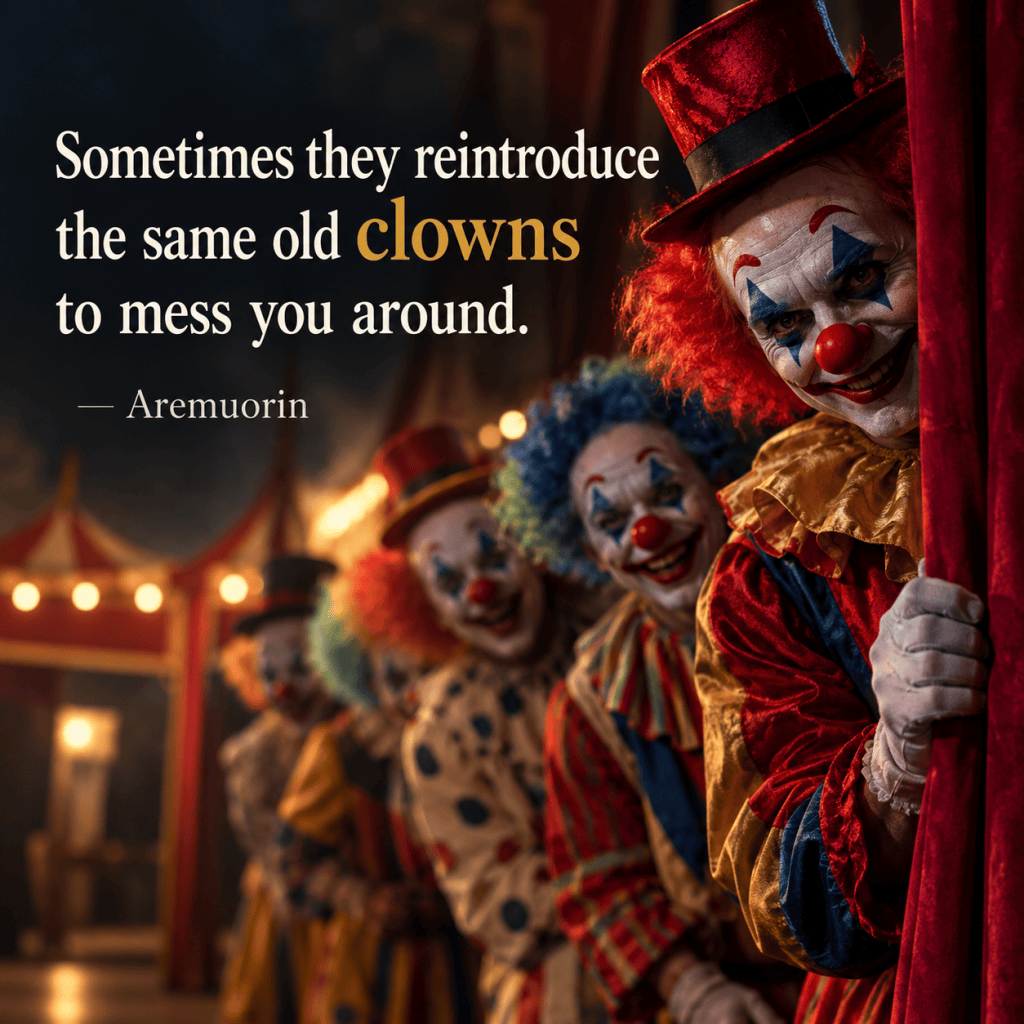 Aremuorin editorial artwork illustrating the quote: Sometimes they reintroduce the same old clowns to mess you around.