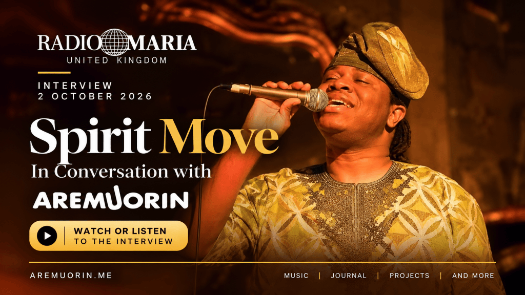 Aremuorin singing into a microphone on the Spirit Move Radio Maria UK interview cover, dated 2 October 2026.